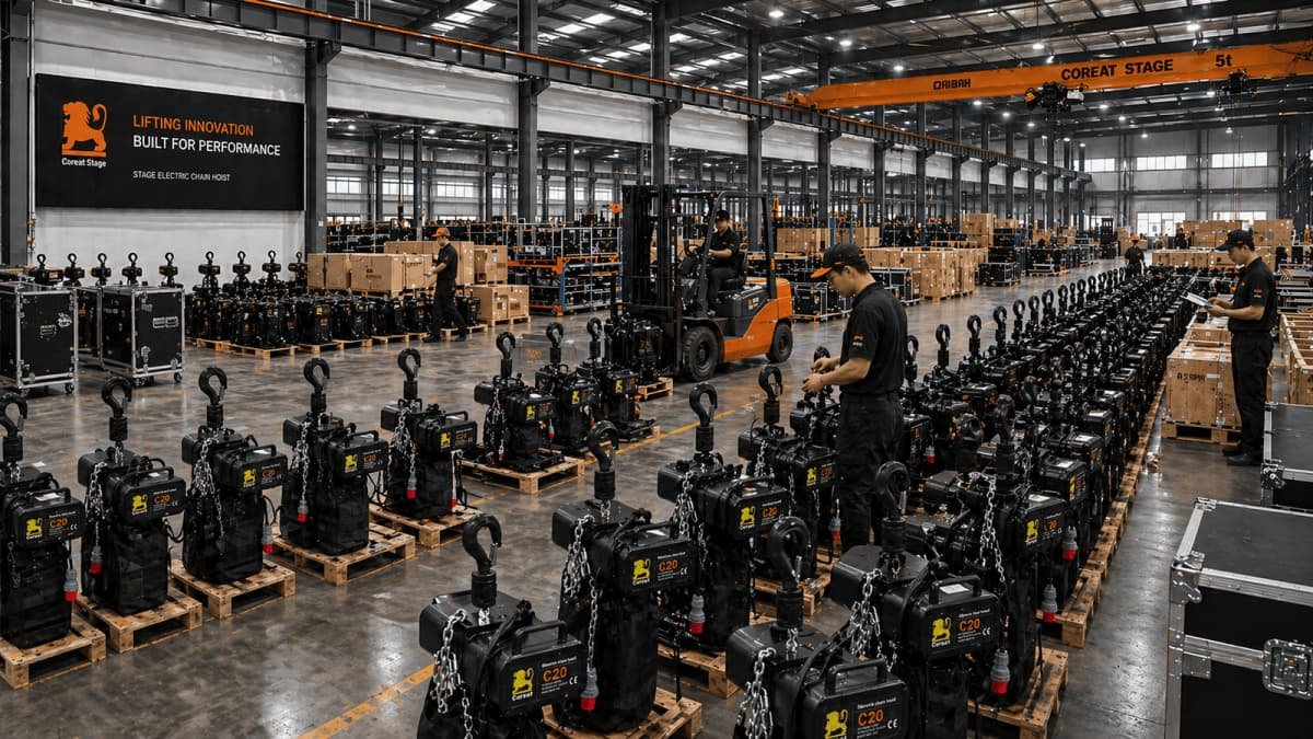 A warehouse full of stage hoists ready for shipping