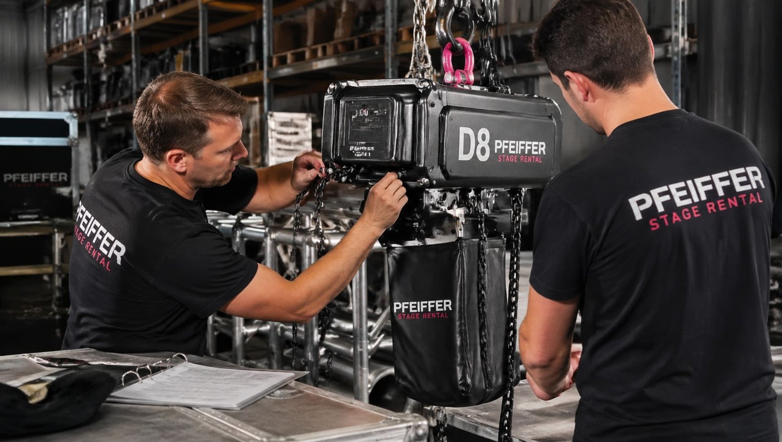 A robust D8 standard electric hoist being prepared by a rental company crew