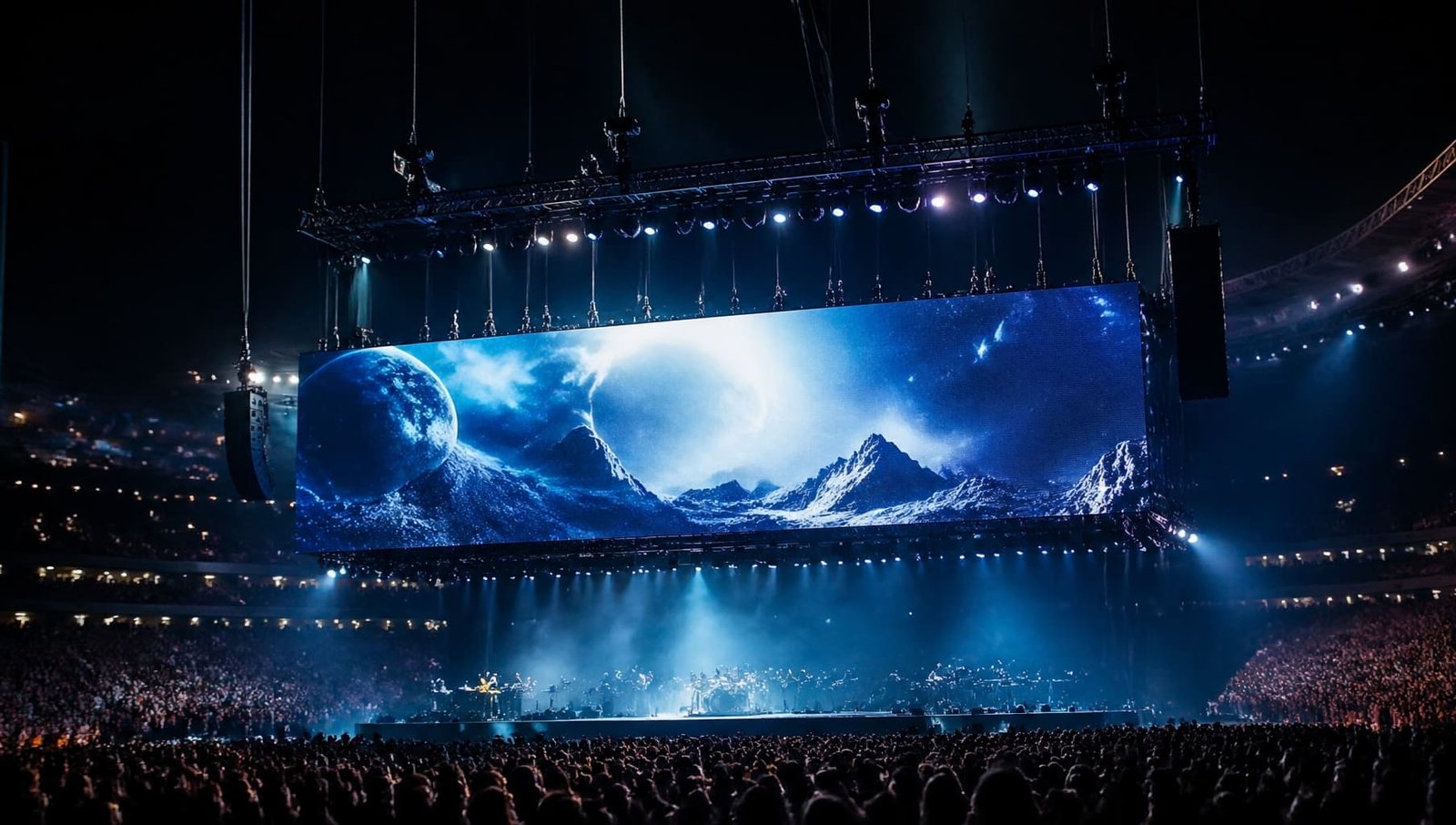 A D8+ standard hoist in action, moving a large LED screen over a concert stage