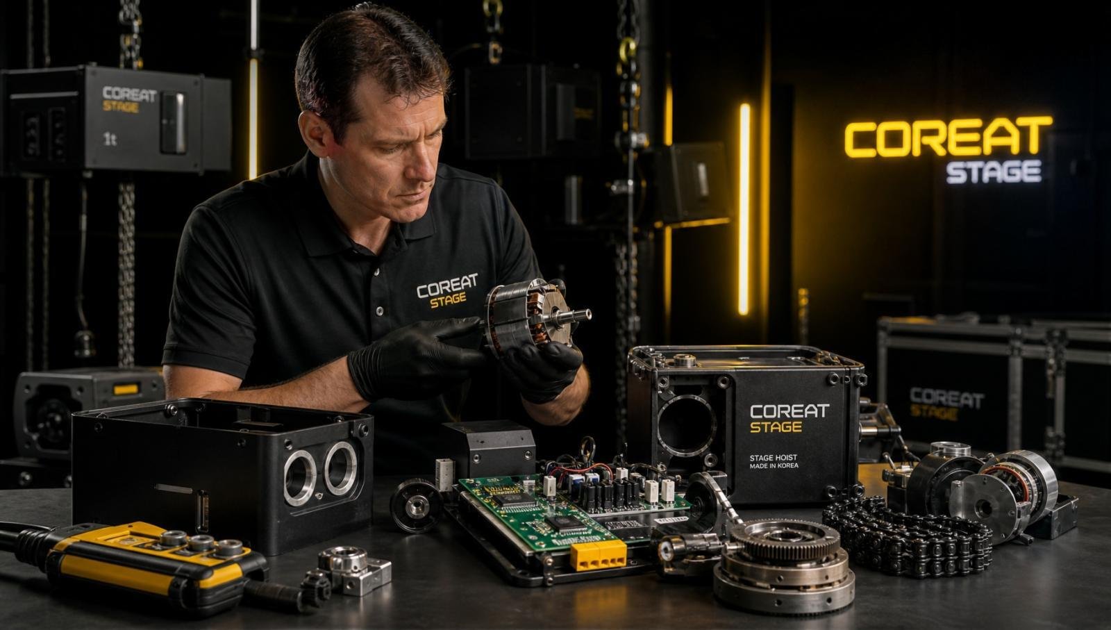 Inspector checking internal components of a stage hoist before assembly