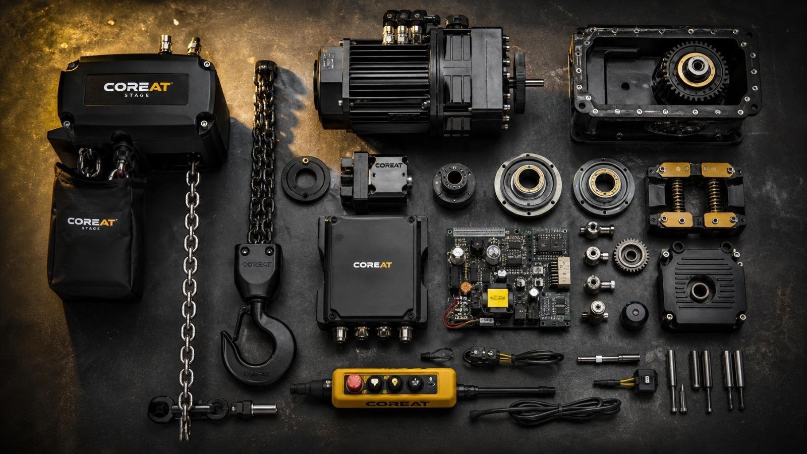 A collection of stage hoist components like chains, hooks, and motors laid out for inspection