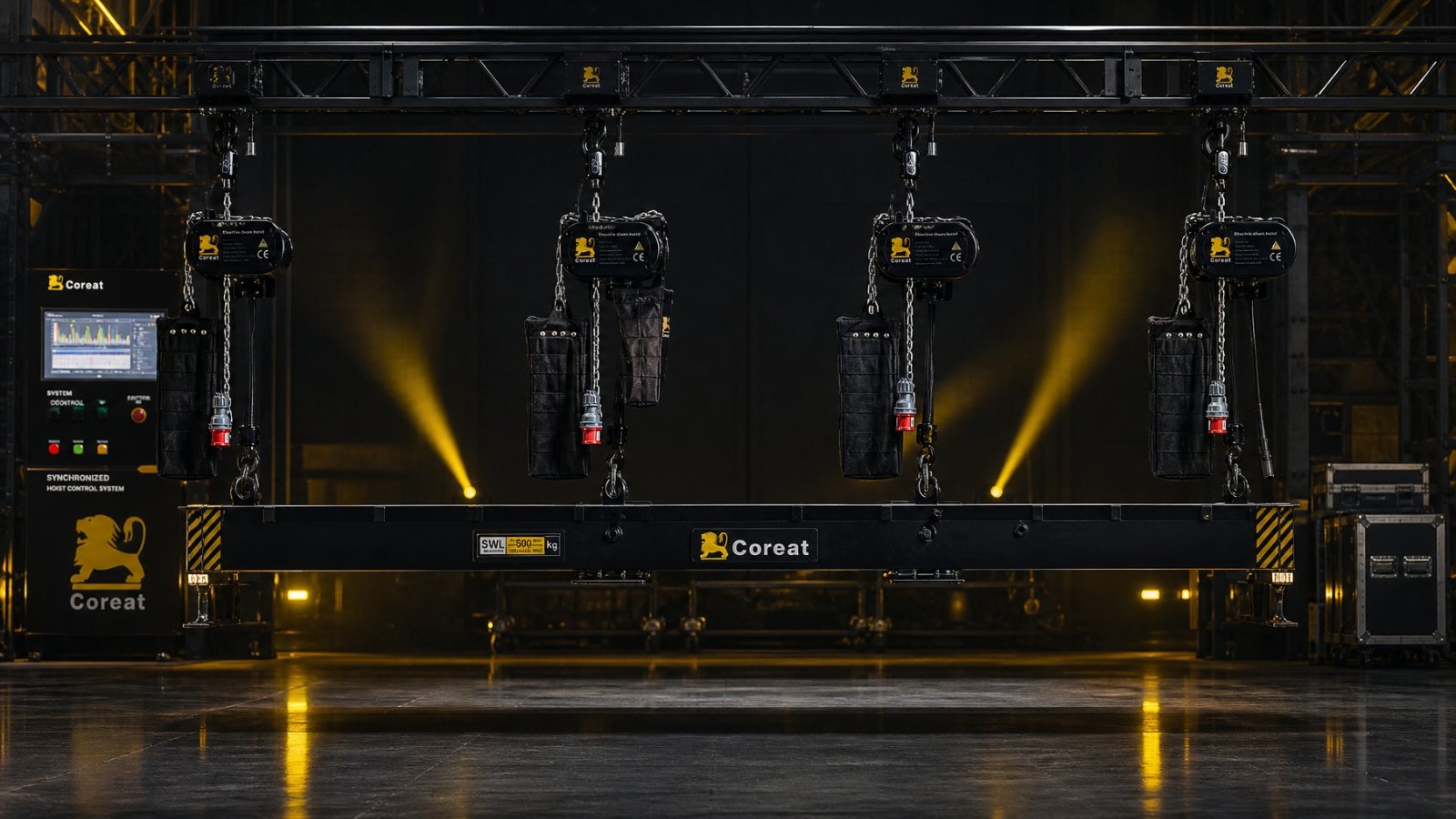 Multiple stage hoists being tested together in a synchronized system