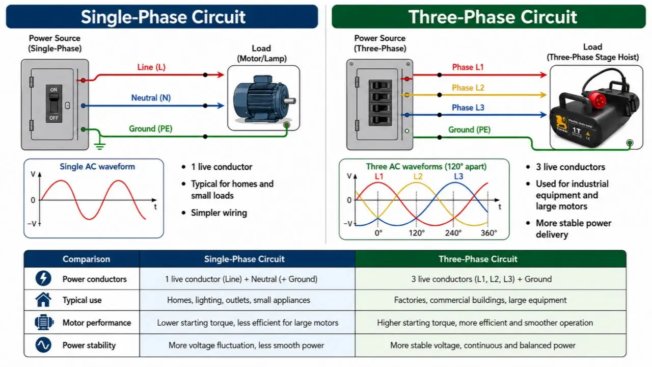 Single-phase circuit design considerations for stage electric chain hoists