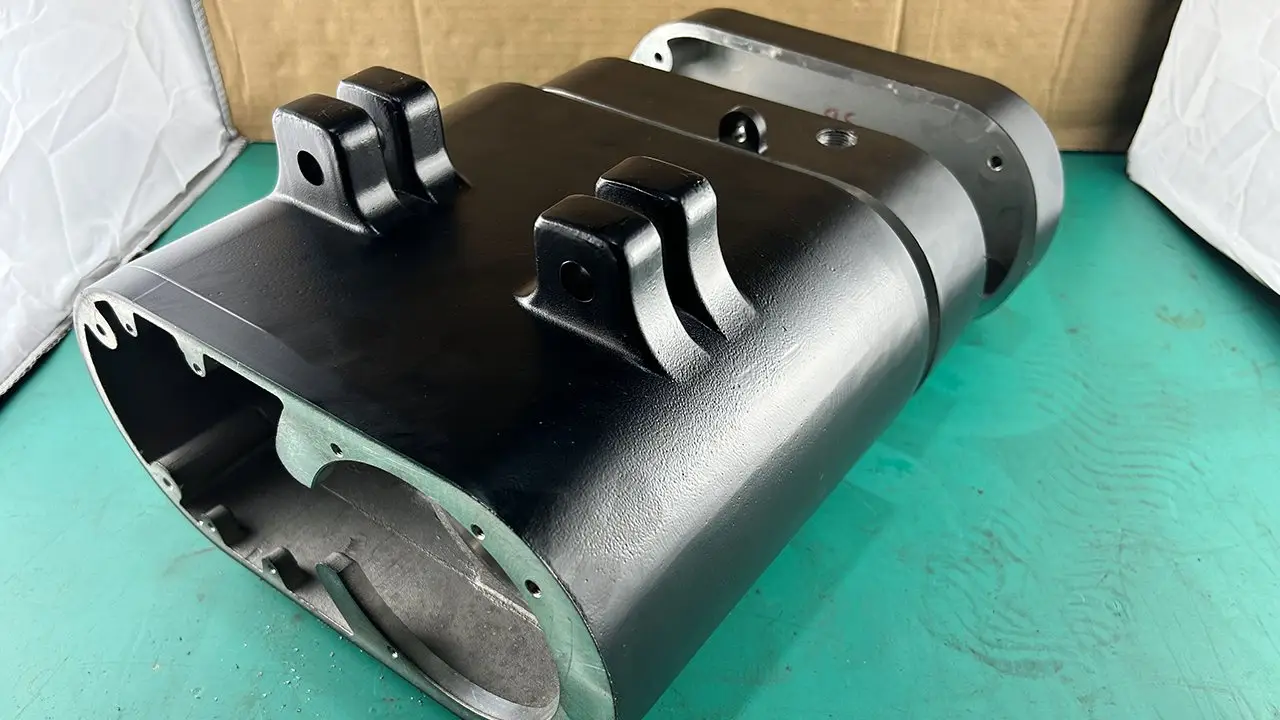 Stage hoist surface finish process showing powder coating application